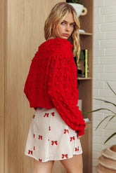 Tera Velvet Bow Cardigan Red